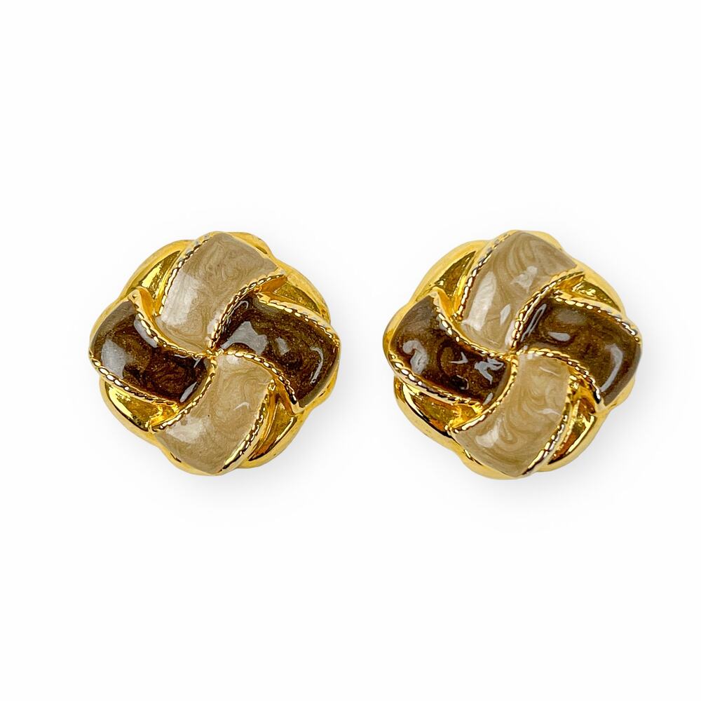 Vintage Kerissa Post Earrings Swirl Cream Brown Enamel Gold Tone Retro 80s